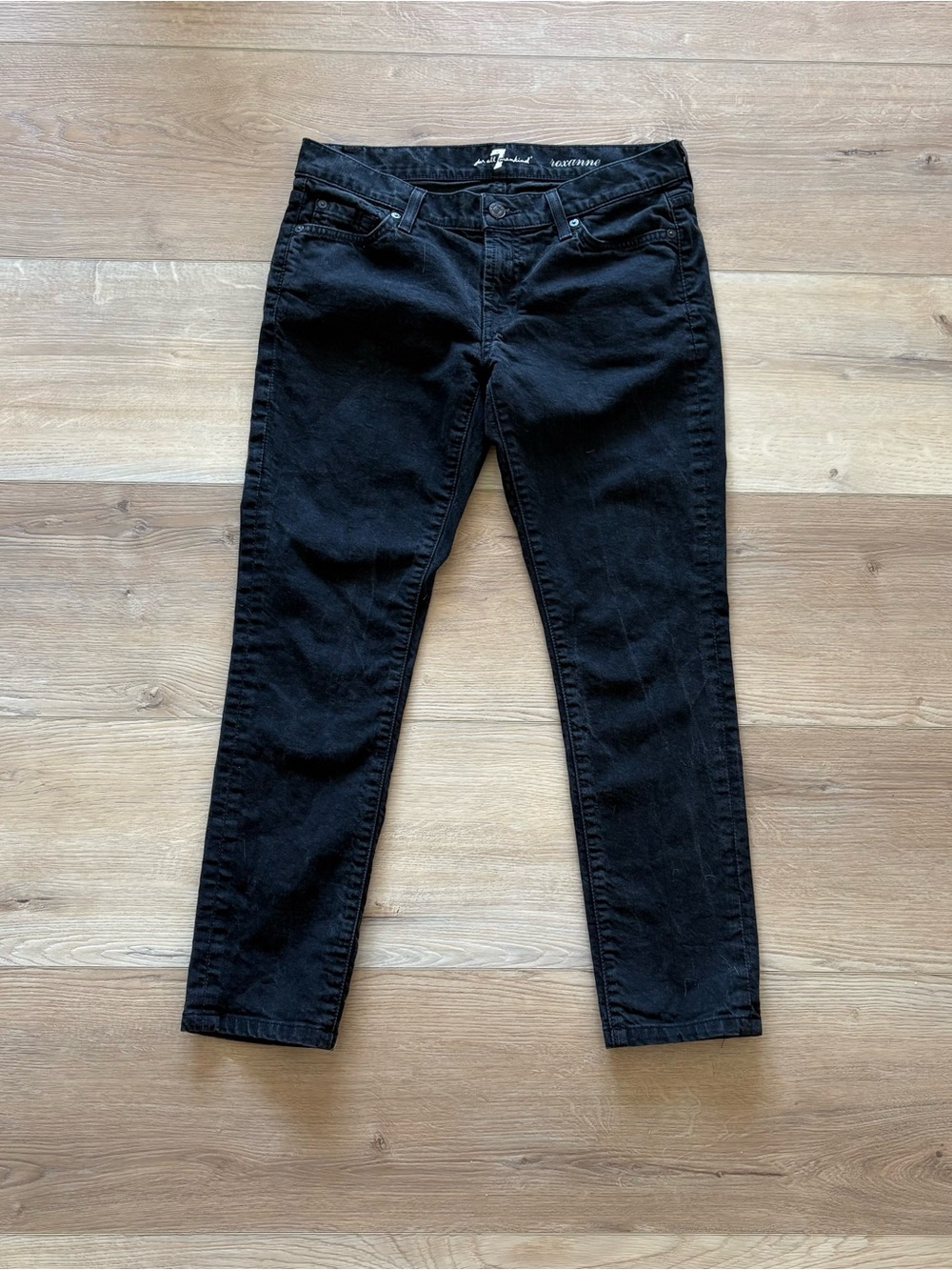 7 for all mankind black, sequin pocket, skinny jeans.